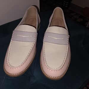 Sperry Women's Pink and Cream Leather Penny Loafers with Light Gray Strap